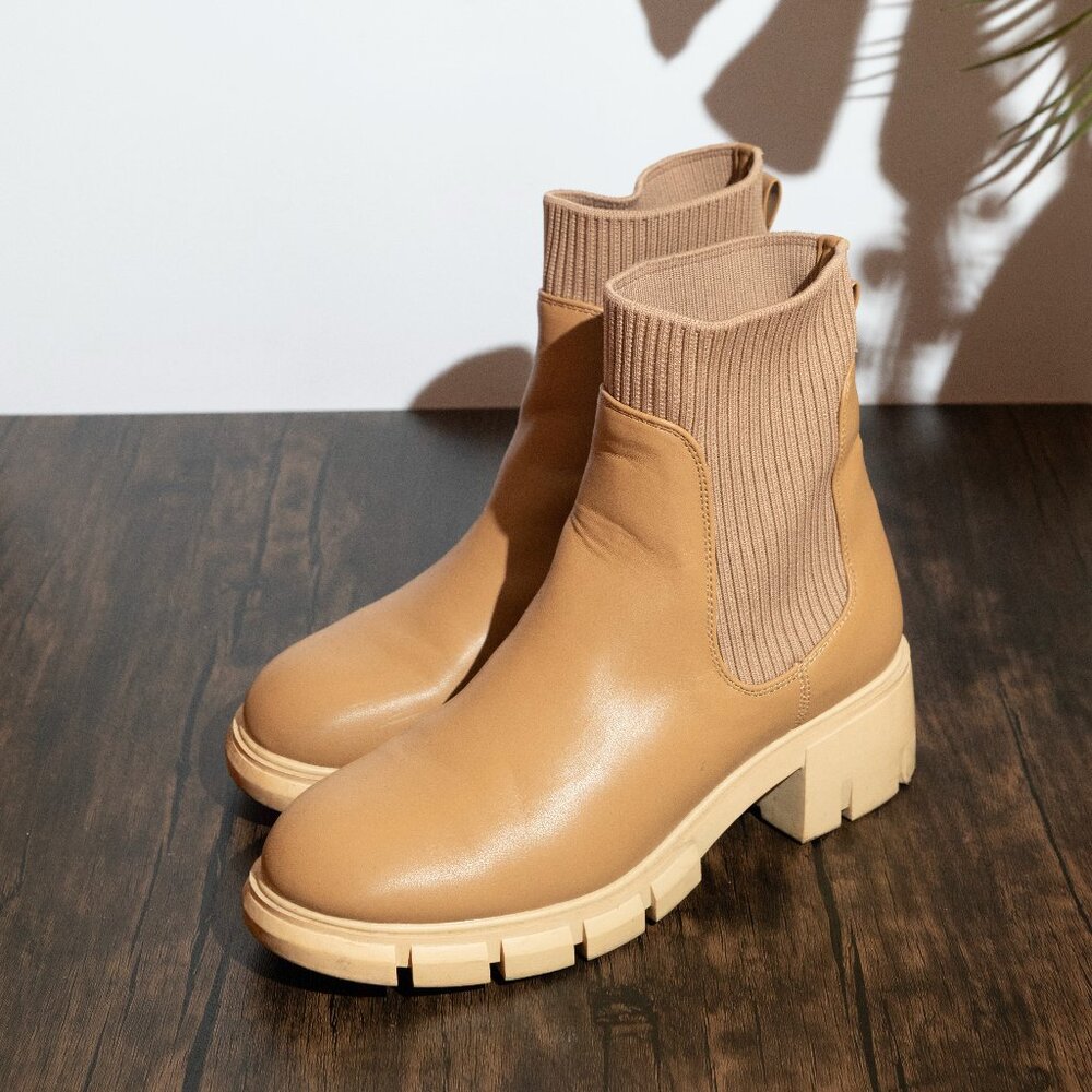 Coutgo Women’s Chelsea Platform Ankle Boots Elastic Slip On Chunky Block Heel